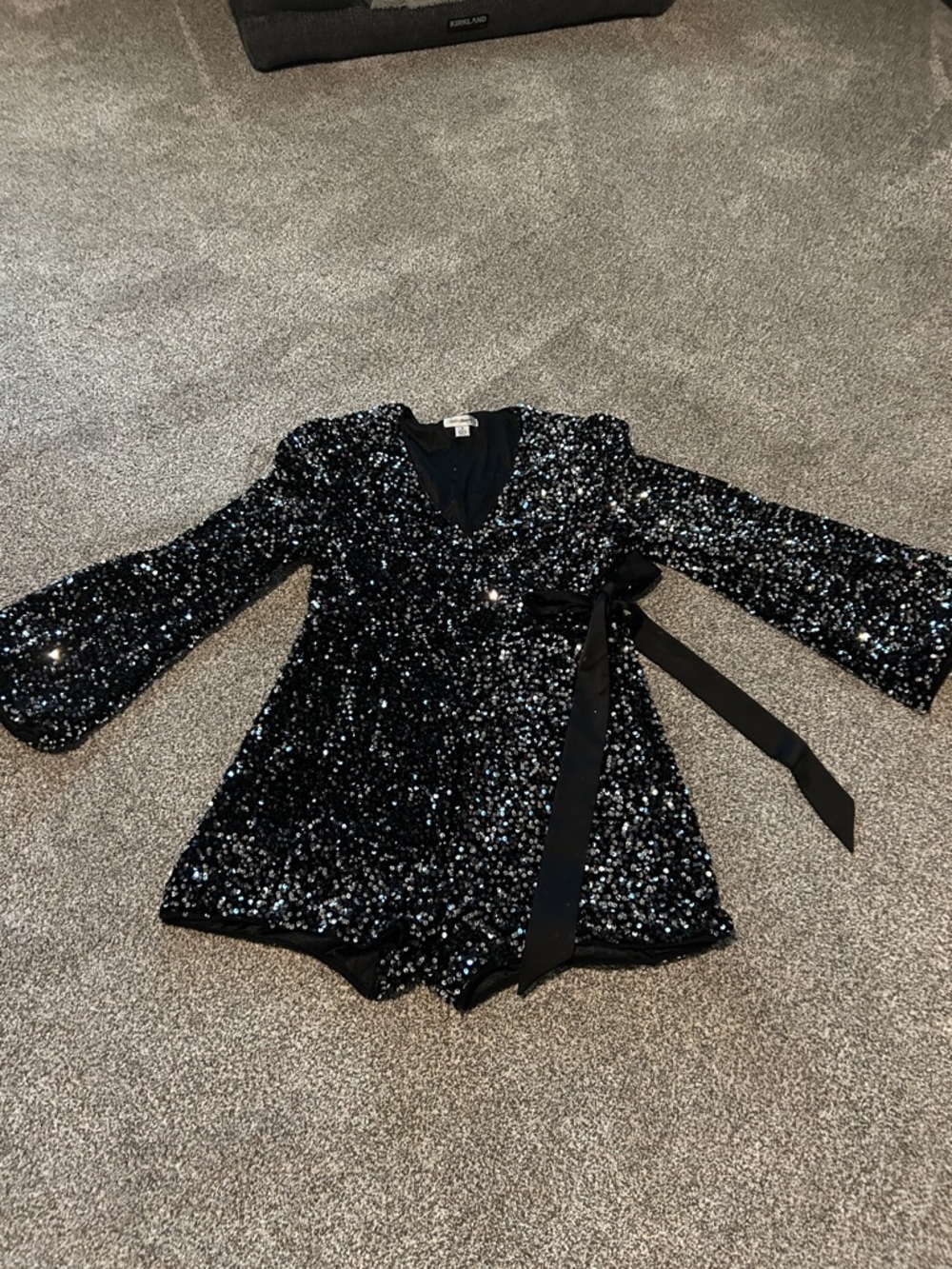Sequin Wrap Romper Jumpsuit with Ribbon Tie - Black
